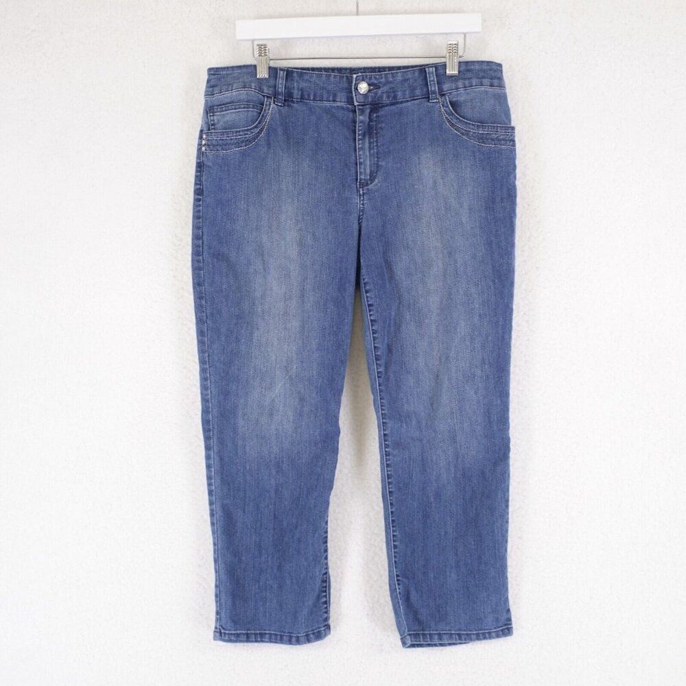 Chico's Platinum Denim Blue Jeans Rhinestone Stone Wash Size 2 35/23 Mid Rise